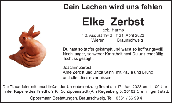 Traueranzeige von Elke Zerbst von Wolfenbütteler Zeitung