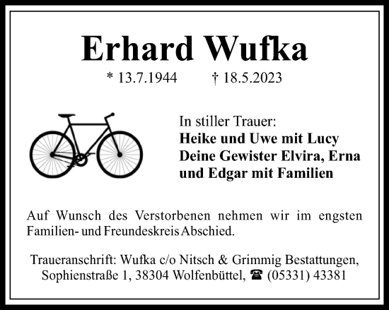 Traueranzeige von Erhard Wufka von Wolfenbütteler Zeitung