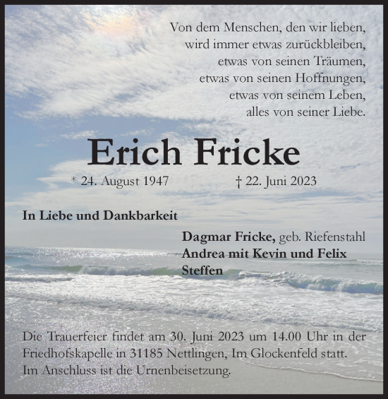 Traueranzeige von Erich Fricke von Braunschweiger Zeitung