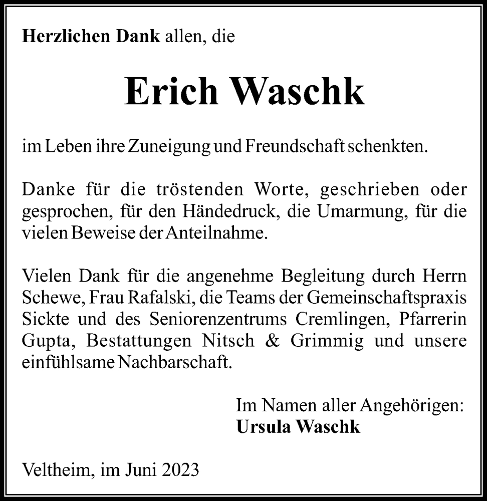  Traueranzeige für Erich Waschk vom 17.06.2023 aus Wolfenbütteler Zeitung