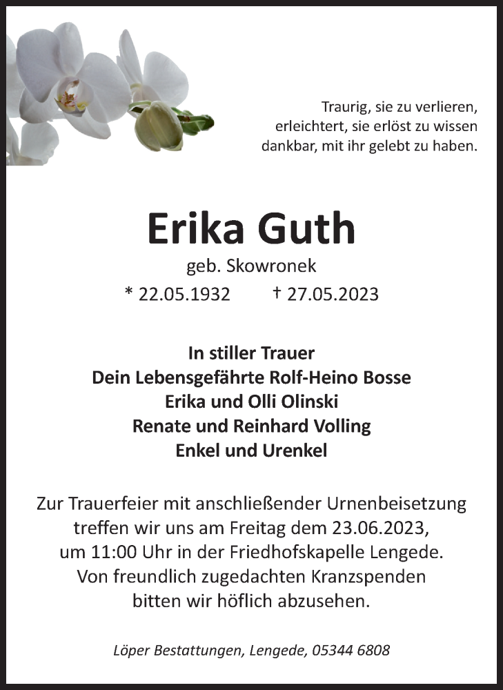  Traueranzeige für Erika Guth vom 17.06.2023 aus Peiner Nachrichten