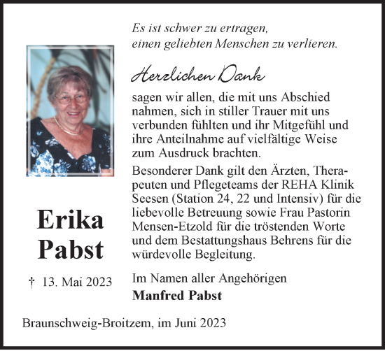 Traueranzeige von Erika Pabst von Braunschweiger Zeitung