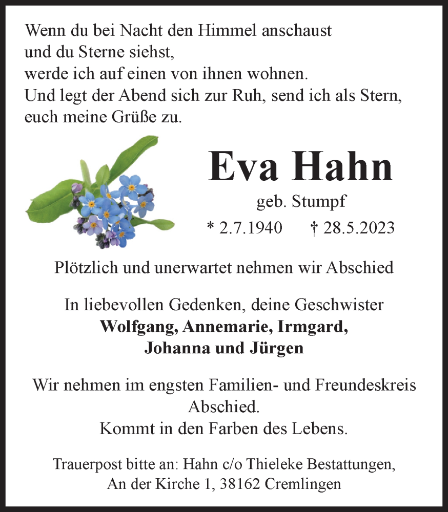  Traueranzeige für Eva Hahn vom 02.06.2023 aus Braunschweiger Zeitung