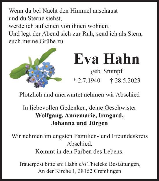 Traueranzeige von Eva Hahn von Braunschweiger Zeitung