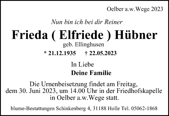Traueranzeige von Frieda Hübner von Salzgitter-Zeitung