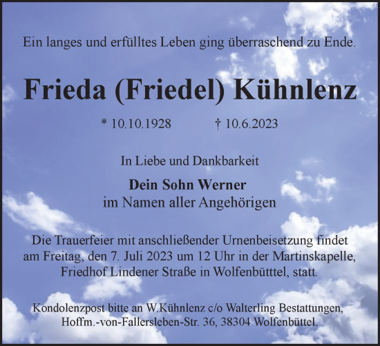 Traueranzeige von Frieda Kühnlenz von Wolfenbütteler Zeitung