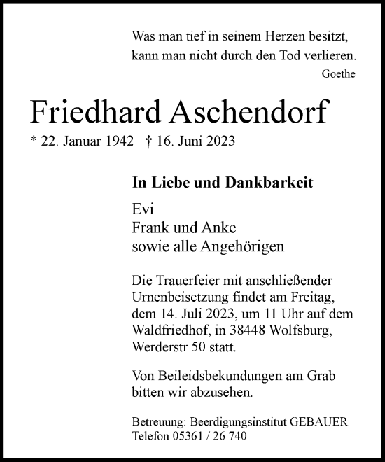Traueranzeige von Friedhard Aschendorf von Wolfsburger Nachrichten