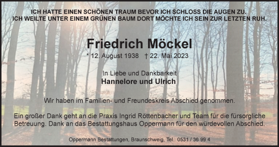 Traueranzeige von Friedrich Möckel von Braunschweiger Zeitung