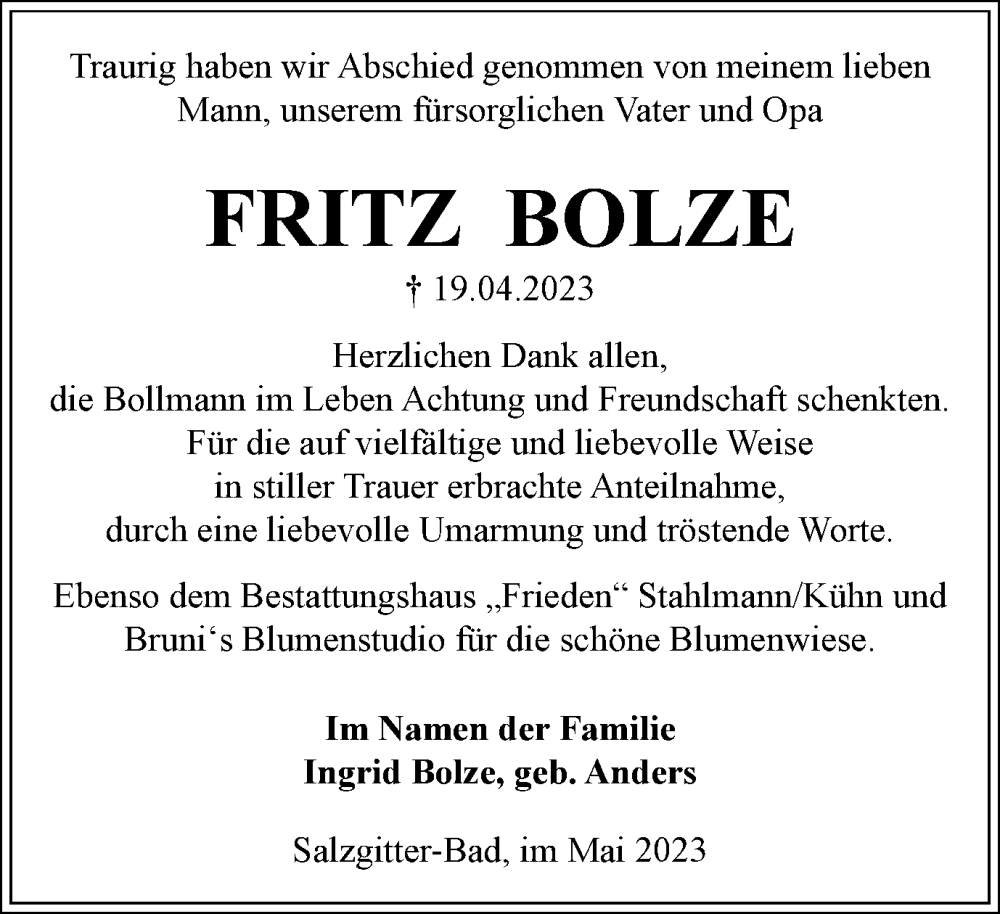  Traueranzeige für Fritz Bolze vom 03.06.2023 aus Salzgitter-Zeitung