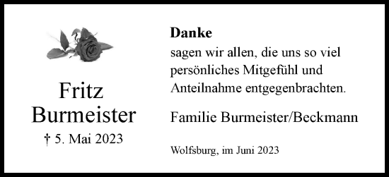 Traueranzeige von Fritz Burmeister von Wolfsburger Nachrichten