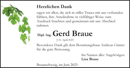 Traueranzeige von Gerd Braue von Braunschweiger Zeitung