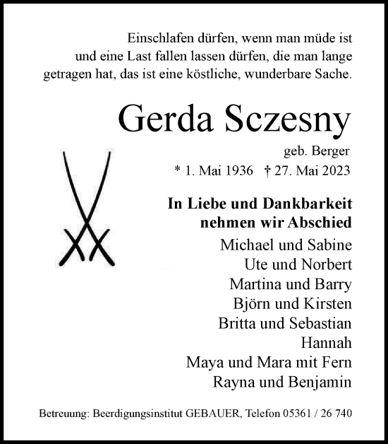Traueranzeige von Gerda Sczesny von Wolfsburger Nachrichten