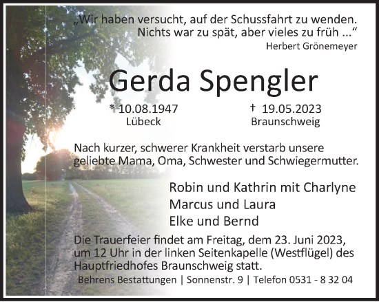 Traueranzeige von Gerda Spengler von Braunschweiger Zeitung