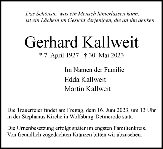 Traueranzeige von Gerhard Kallweit von Wolfsburger Nachrichten