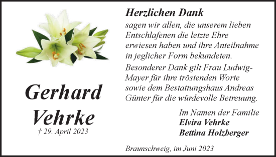 Traueranzeige von Gerhard Vehrke von Braunschweiger Zeitung