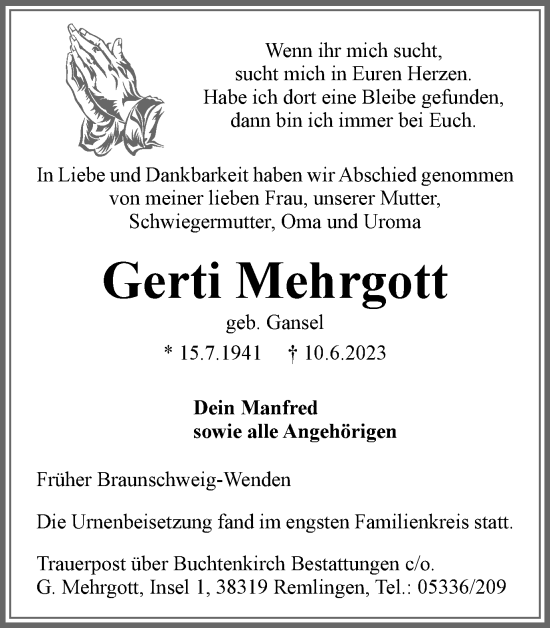 Traueranzeige von Gerti Mehrgott von Braunschweiger Zeitung
