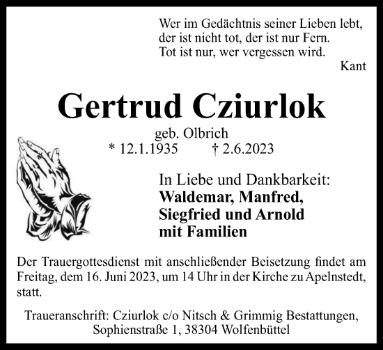 Traueranzeige von Gertrud Cziurlok von Wolfenbütteler Zeitung