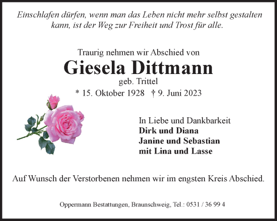Traueranzeige von Giesela Dittmann von Wolfenbütteler Zeitung