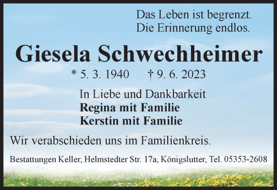 Traueranzeige von Giesela Schwechheimer von Wolfsburger Nachrichten