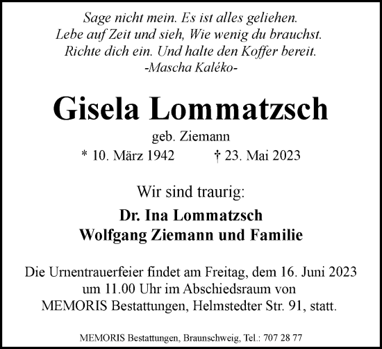 Traueranzeige von Gisela Lommatzsch von Braunschweiger Zeitung