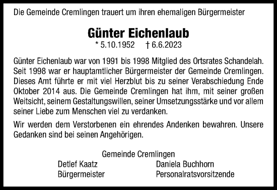 Traueranzeige von Günter Eichenlaub von Wolfenbütteler Zeitung