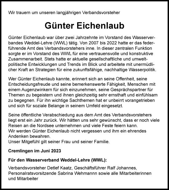 Traueranzeige von Günter Eichenlaub von Braunschweiger Zeitung