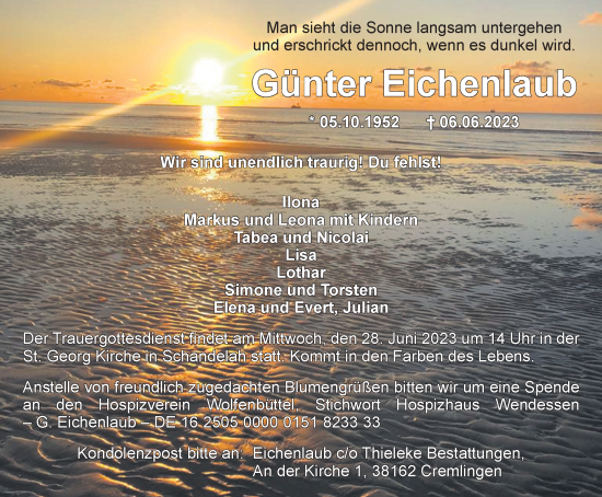 Traueranzeige von Günter Eichenlaub von Braunschweiger Zeitung