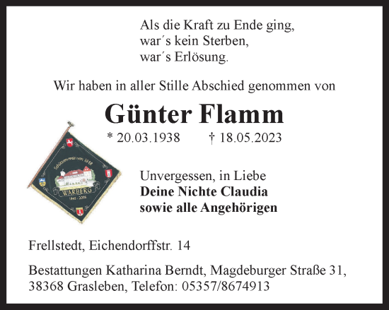 Traueranzeige von Günter Flamm von Helmstedter Nachrichten