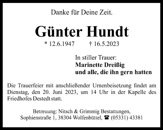 Traueranzeige von Günter Hundt von Wolfenbütteler Zeitung