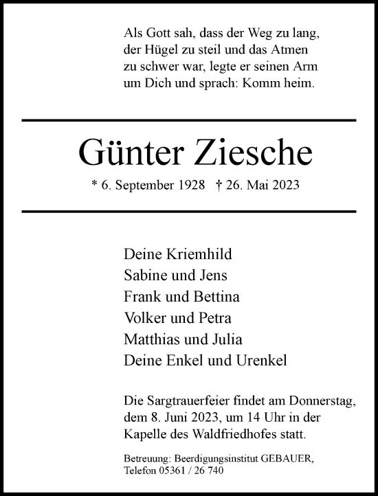 Traueranzeige von Günter Ziesche von Wolfsburger Nachrichten