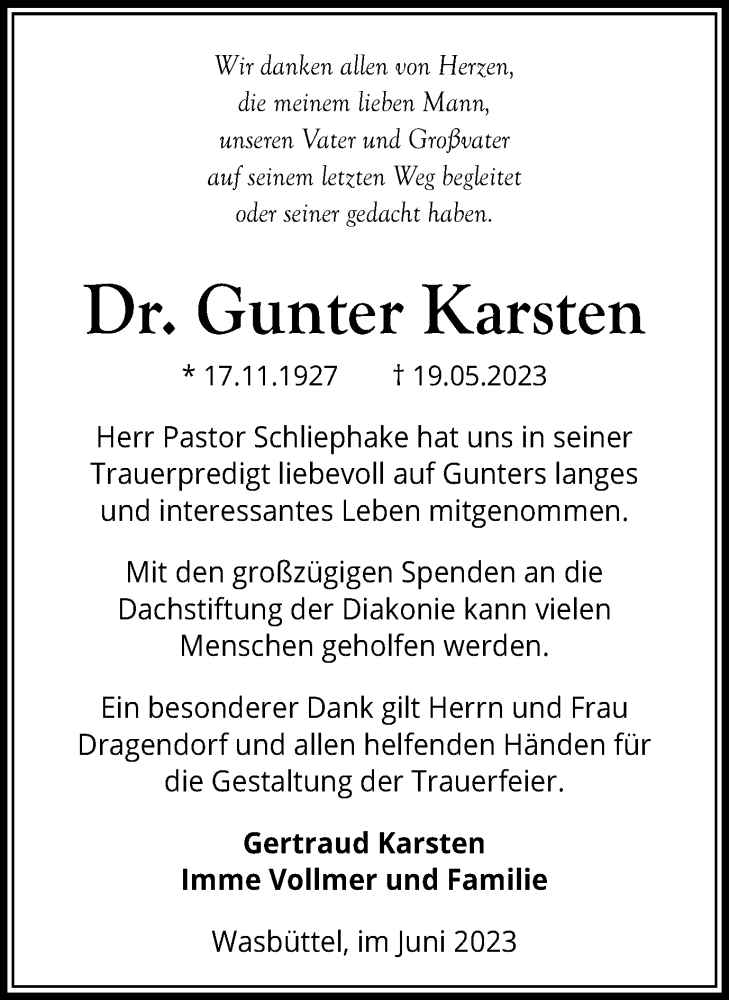  Traueranzeige für Gunter Karsten vom 24.06.2023 aus Wolfsburger Nachrichten