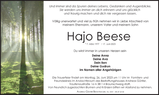 Traueranzeige von Hajo Beese von Braunschweiger Zeitung