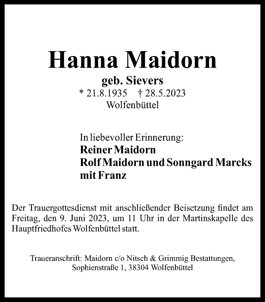  Traueranzeige für Hanna Maidorn vom 03.06.2023 aus Wolfenbütteler Zeitung
