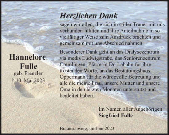 Traueranzeige von Hannelore Fulle von Braunschweiger Zeitung