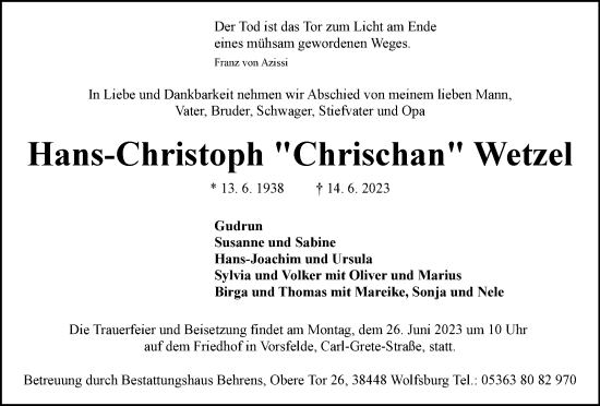 Traueranzeige von Hans-Christoph Wetzel von Wolfenbütteler Zeitung