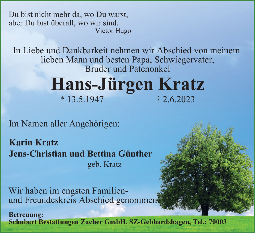  Traueranzeige für Hans-Jürgen Kratz vom 17.06.2023 aus Braunschweiger Zeitung
