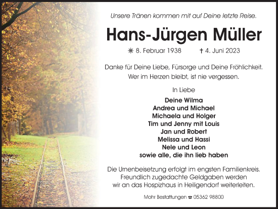 Traueranzeige von Hans-Jürgen Müller von Wolfsburger Nachrichten