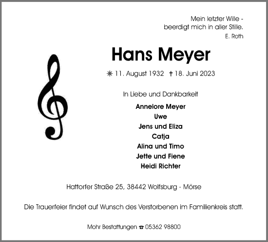 Traueranzeige von Hans Meyer von Wolfsburger Nachrichten