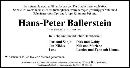 Traueranzeige von Hans-Peter Ballerstein von Braunschweiger Zeitung