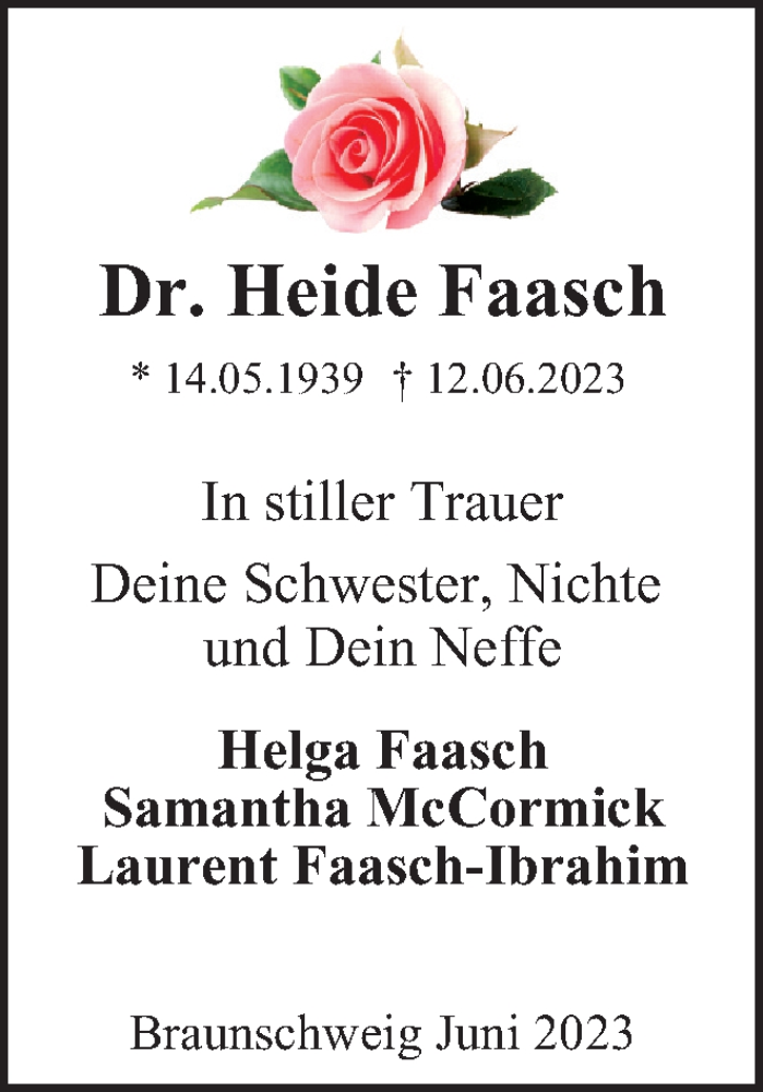  Traueranzeige für Heide Faasch vom 27.06.2023 aus Braunschweiger Zeitung