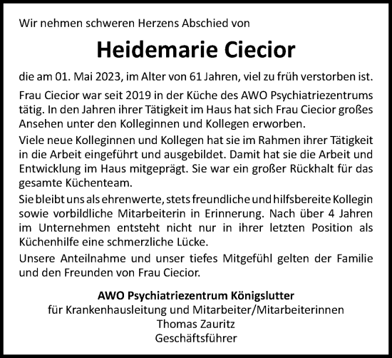 Traueranzeige von Heidemarie Ciecior von Helmstedter Nachrichten