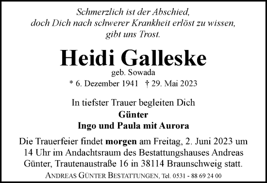 Traueranzeige von Heidi Galleske von Braunschweiger Zeitung
