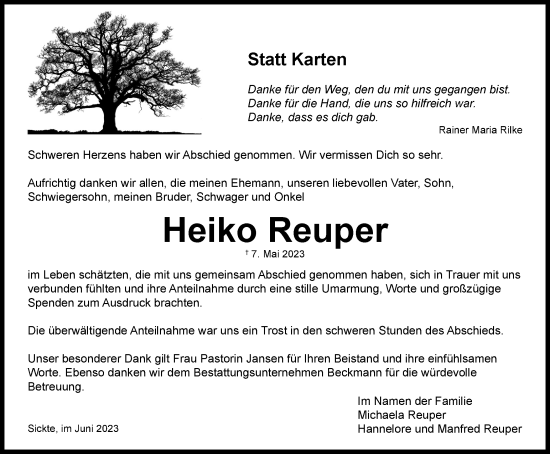 Traueranzeige von Heiko Reuper von Braunschweiger Zeitung