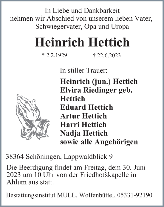 Traueranzeige von Heinrich Hettich von Wolfenbütteler Zeitung