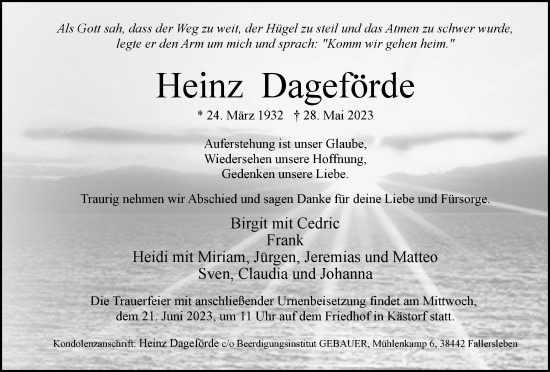 Traueranzeige von Heinz Dageförde von Wolfsburger Nachrichten