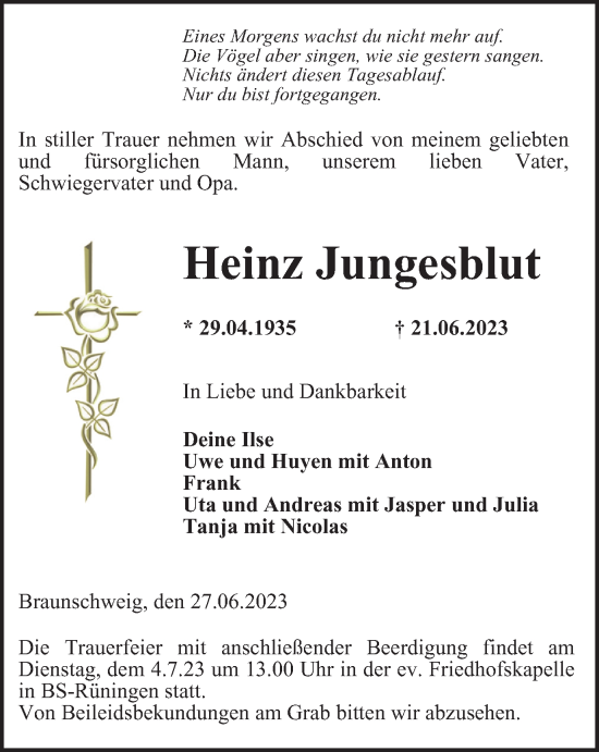 Traueranzeige von Heinz Jungesblut von Braunschweiger Zeitung
