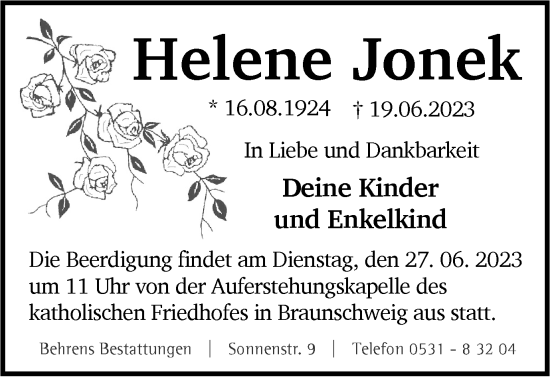 Traueranzeige von Helene Jonek von Braunschweiger Zeitung