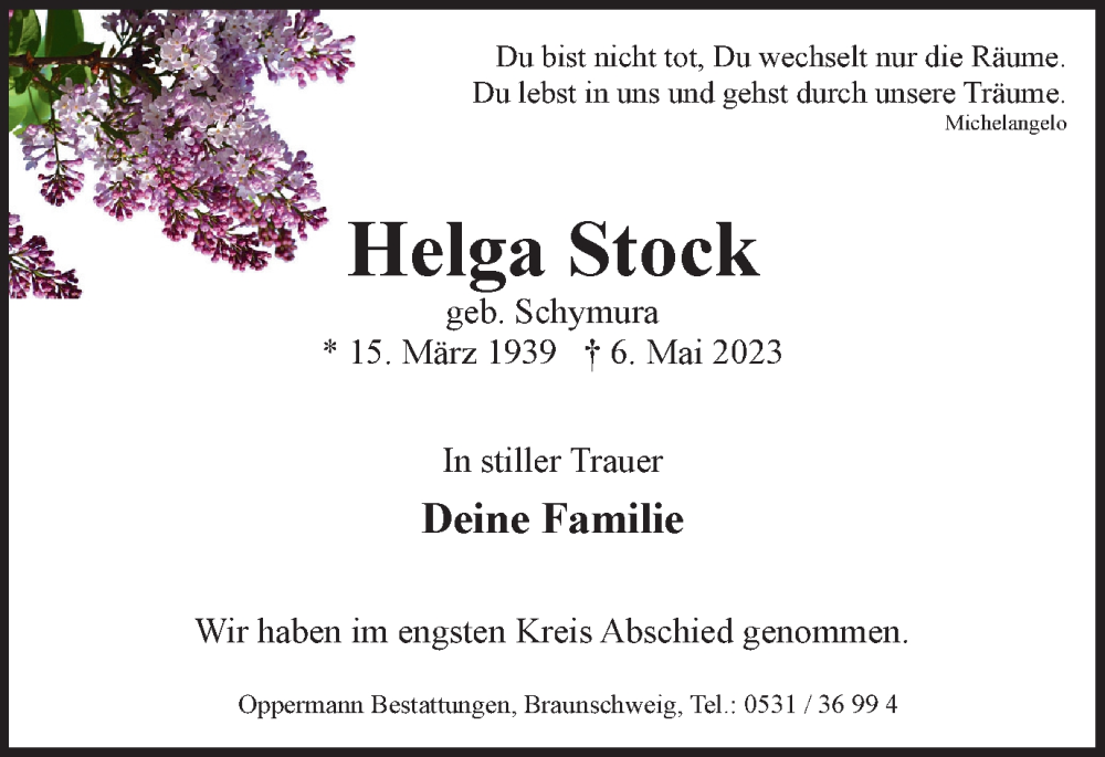  Traueranzeige für Helga Stock vom 03.06.2023 aus Braunschweiger Zeitung