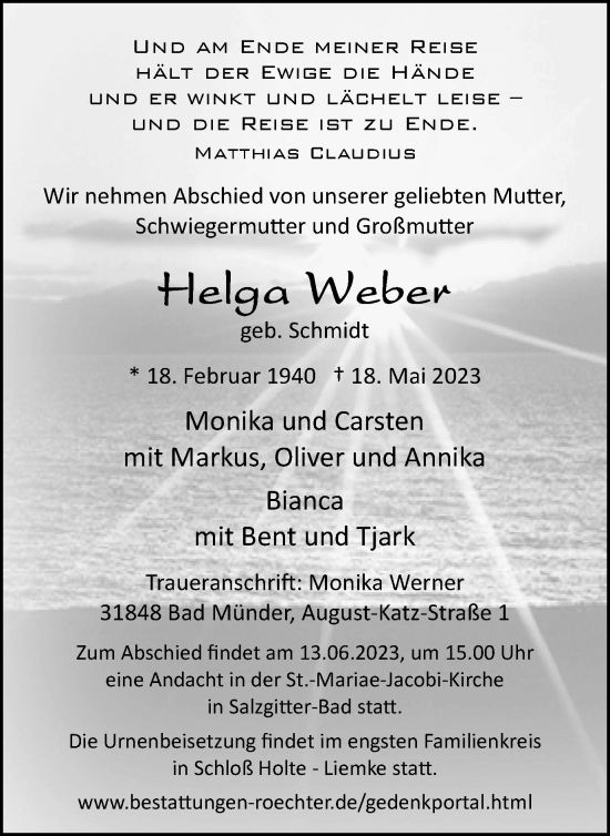 Traueranzeige von Helga Weber von Salzgitter-Zeitung
