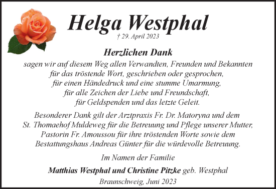 Traueranzeige von Helga Westphal von Braunschweiger Zeitung